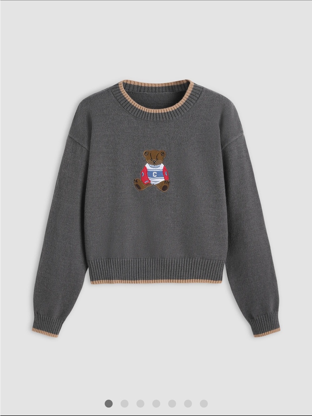 Cider Gray Crewneck Sweater with Teddy Bear Patch and Tan Trim